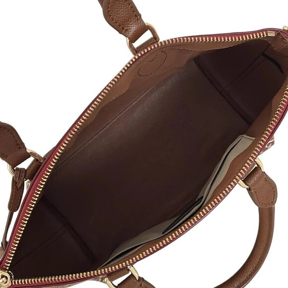 Auth FURLA - Red Dark Brown Khaki Leather Handbag - Picture 6 of 9